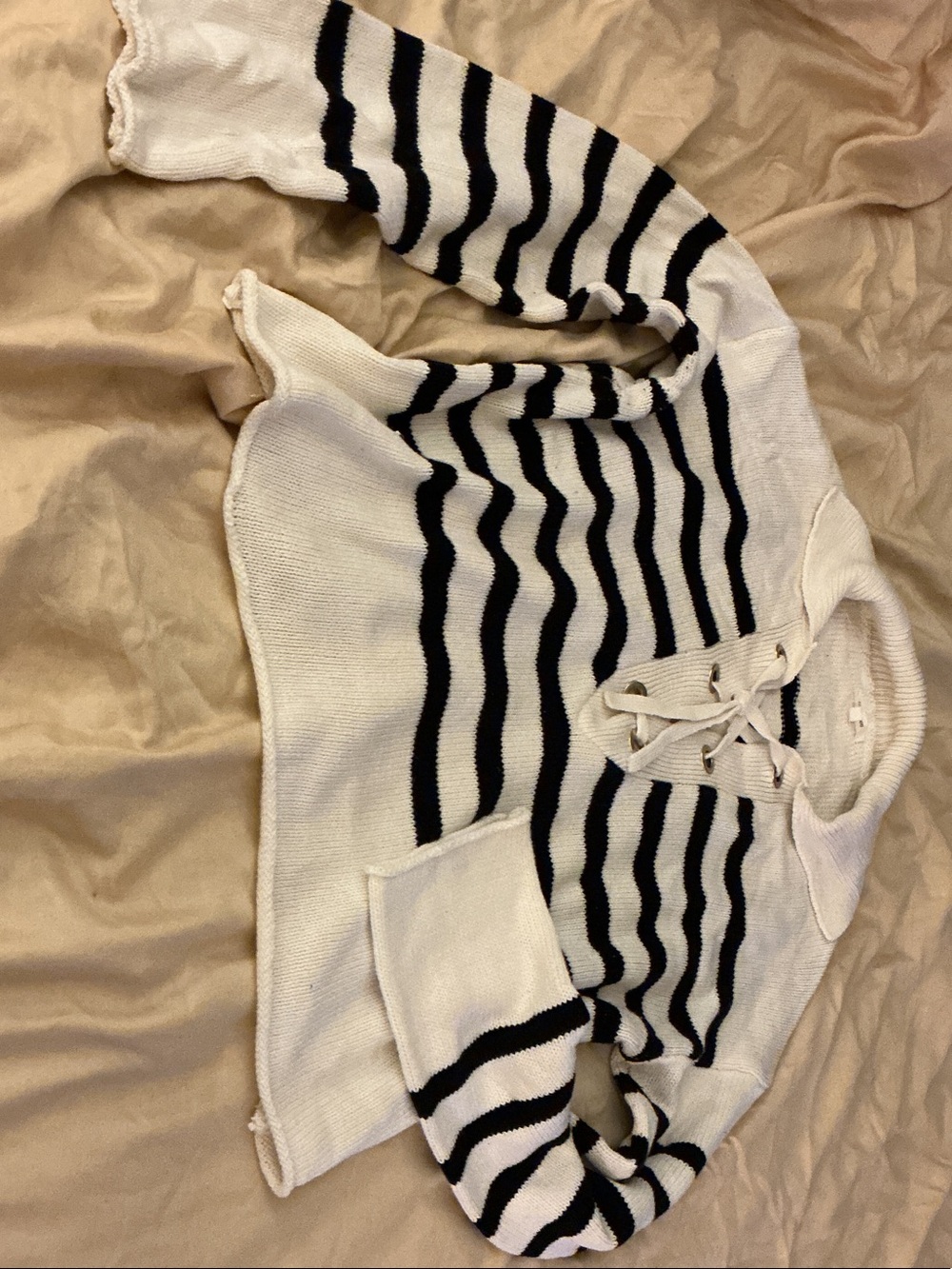 Maurices White & Black Striped Lace-Up V-Neck Sweater